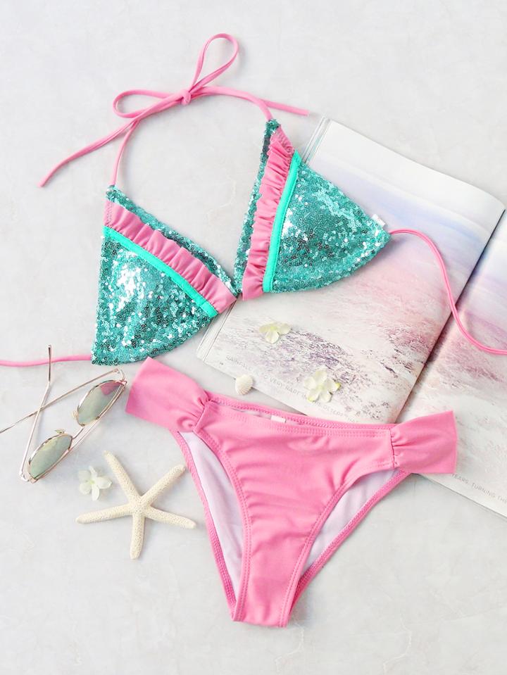 Romwe Pink Sequin Detail Ruffle Trim Bikini Set