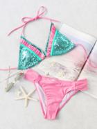 Romwe Pink Sequin Detail Ruffle Trim Bikini Set