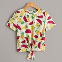Romwe Tie Front Fruit Print Tee