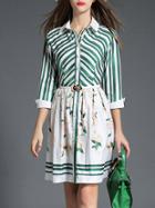 Romwe Green Lapel Striped Belted Print Dress