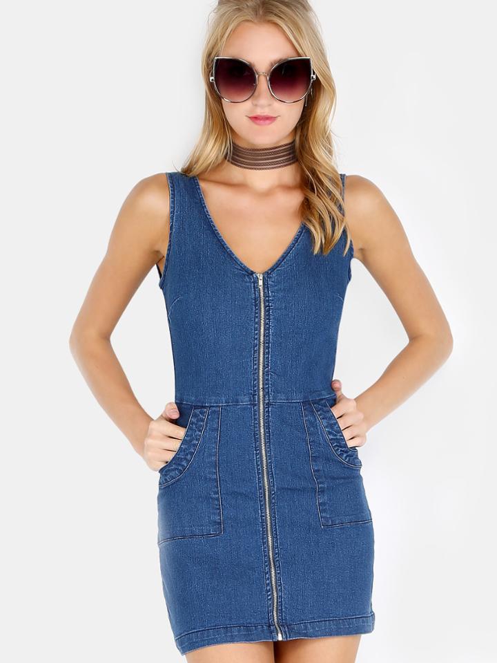 Romwe Zipper Front Denim Dress Denim