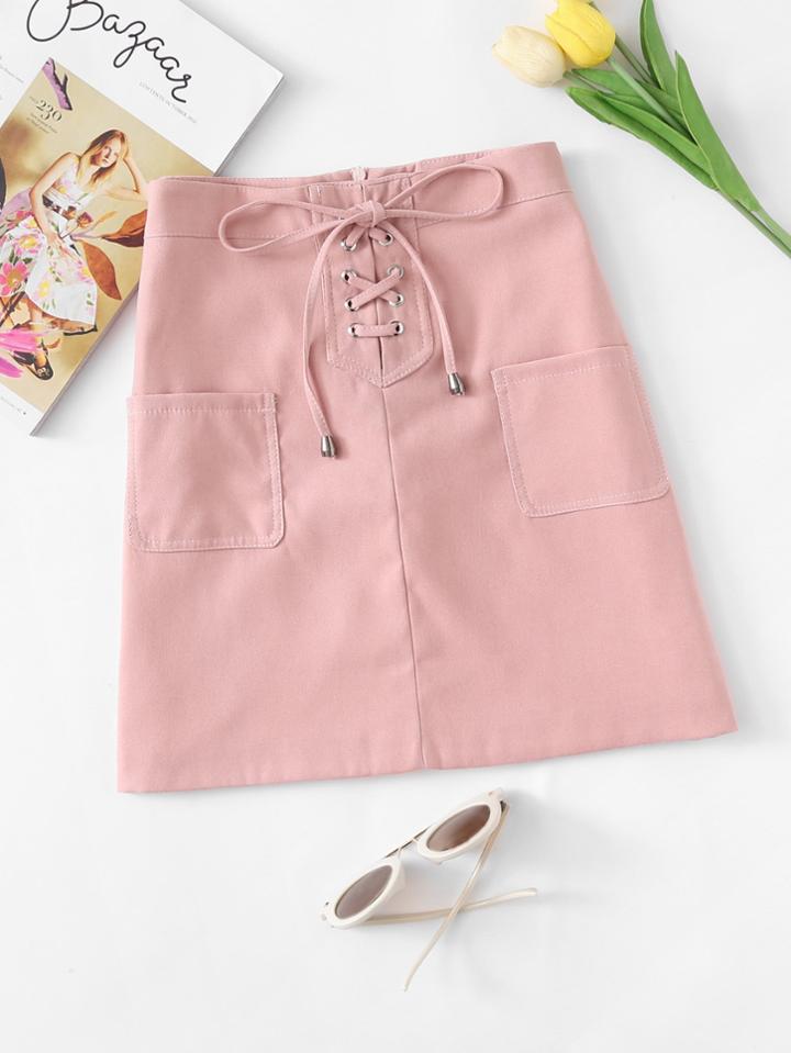 Romwe Dual Pocket Lace Up Zip Up Back Skirt