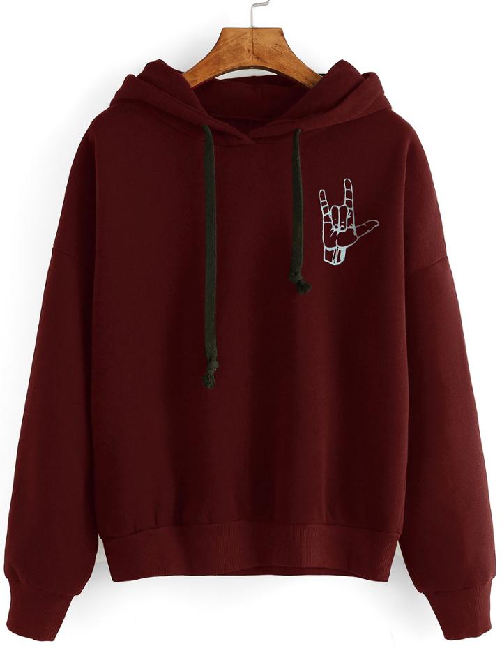 Romwe Burgundy Gesture Print Drop Shoulder Hooded Sweatshirt