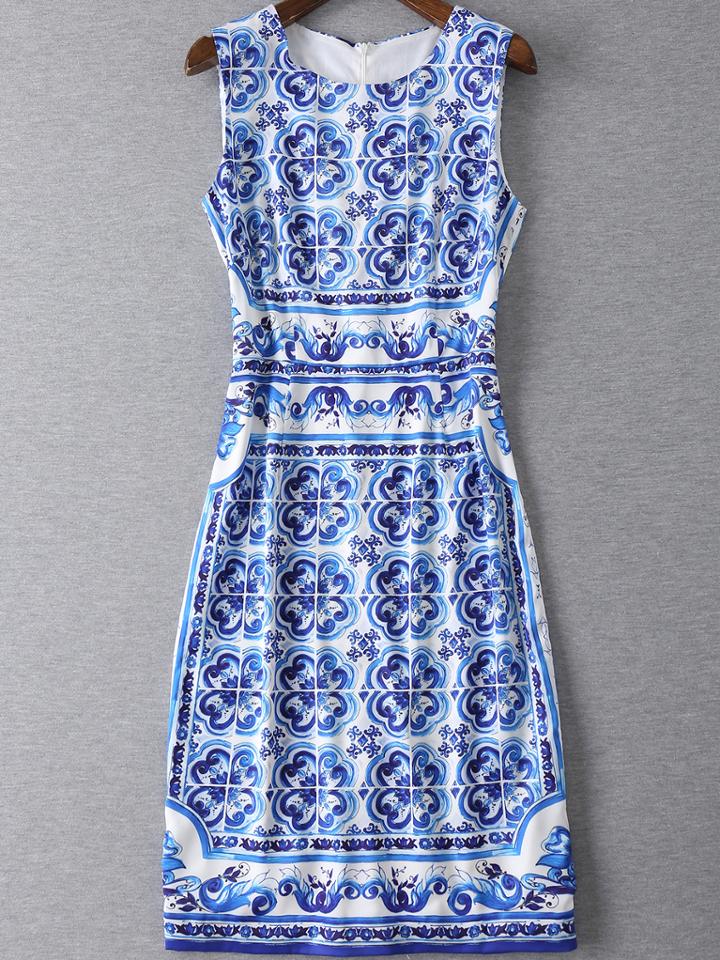 Romwe White And Blue Porcelain Sheath Dress