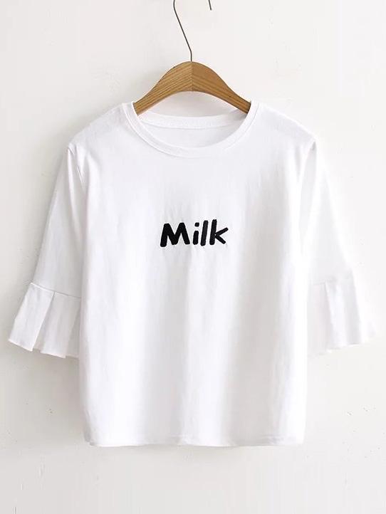 Romwe White Letter Embroidery Ruffle Cuff T-shirt
