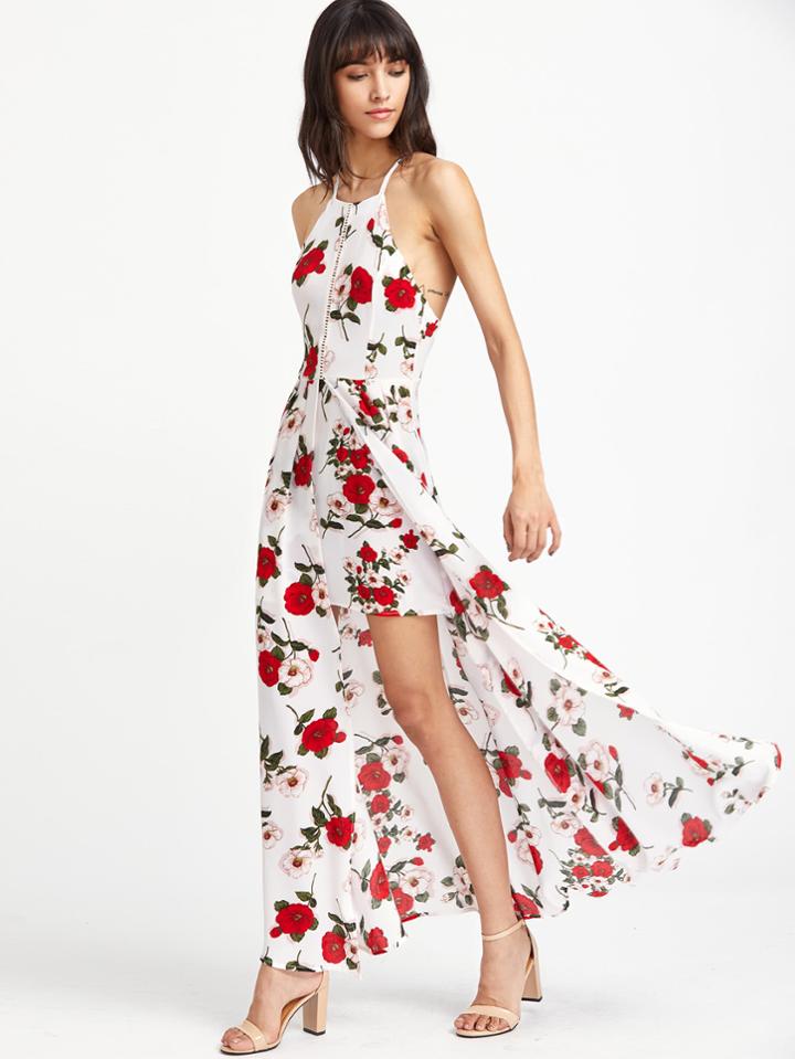 Romwe Calico Print Hollow Out Slit Crisscross Back Dress