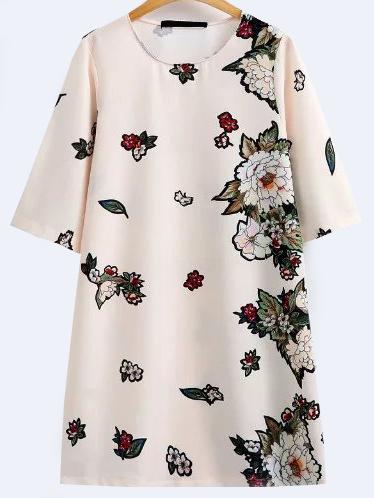 Romwe Beige Floral Print Half Sleeve Shift Dress