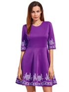 Romwe Purple Embroidered Half Sleeve Flare Dress