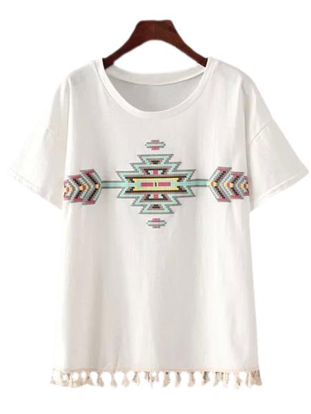 Romwe White Short Sleeve Tassel Embroidery T-shirt
