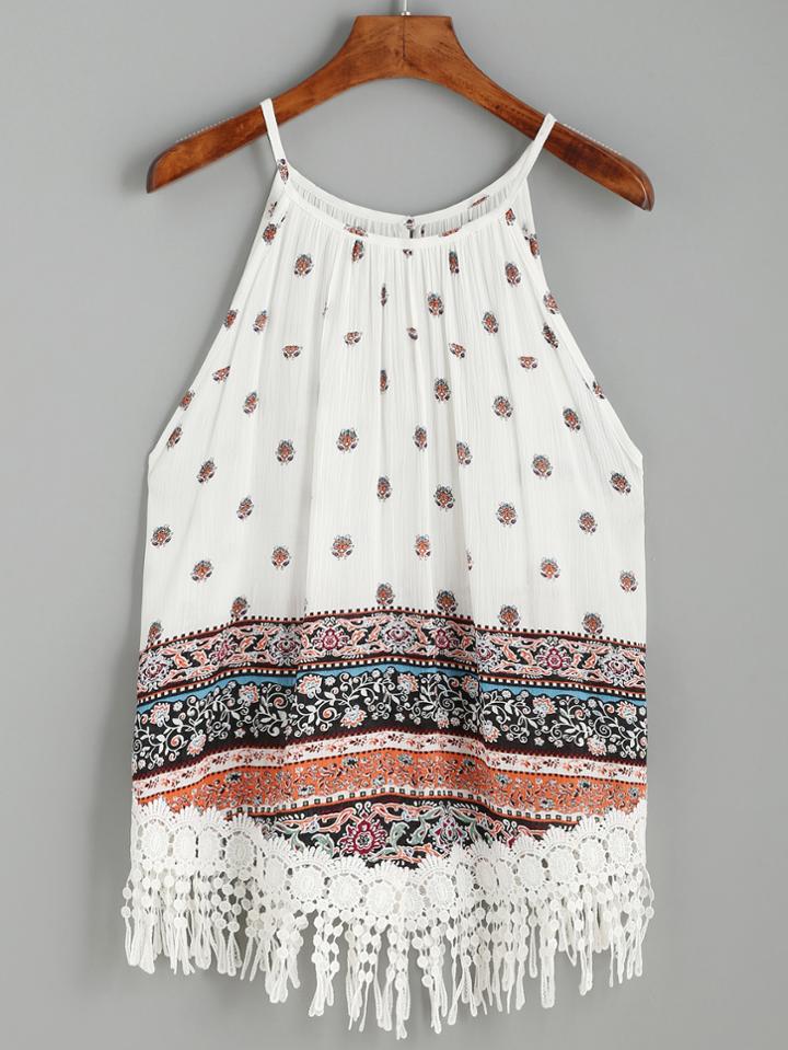 Romwe White Ornate Print Lace Fringe Trim Cami Top