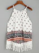 Romwe White Ornate Print Lace Fringe Trim Cami Top