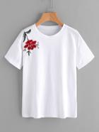 Romwe Floral Embroidered Shoulder Tee
