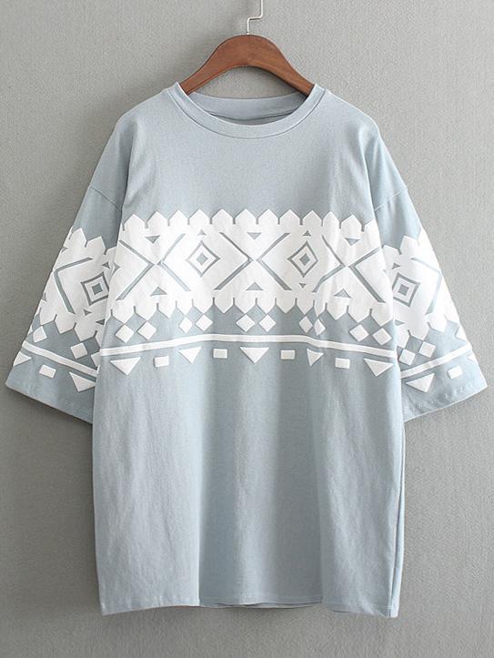 Romwe Light Blue Half Sleeve Geometric Printed T-shirt