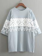 Romwe Light Blue Half Sleeve Geometric Printed T-shirt