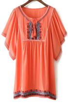 Romwe Butterfly Sleeve Embroidered Orange Top