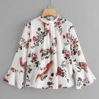 Romwe Plus Floral Print Flounce Sleeve Blouse