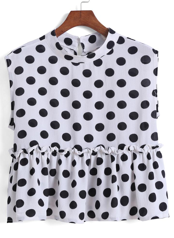 Romwe Stand Collar Polka Dot White Top