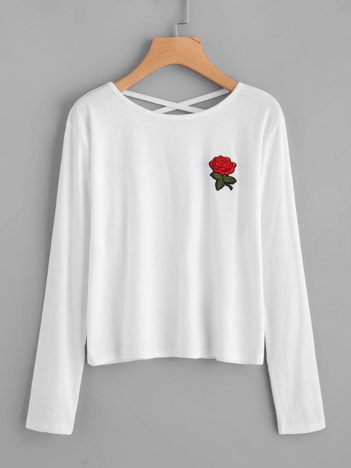 Romwe Embroidered Rose Patch Criss Cross Back Tee