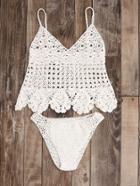 Romwe Scalloped Hem Hollow Out Crochet Tankini Set