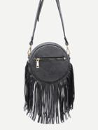 Romwe Black Fringe Zip Pockets Round Crossbody Bag