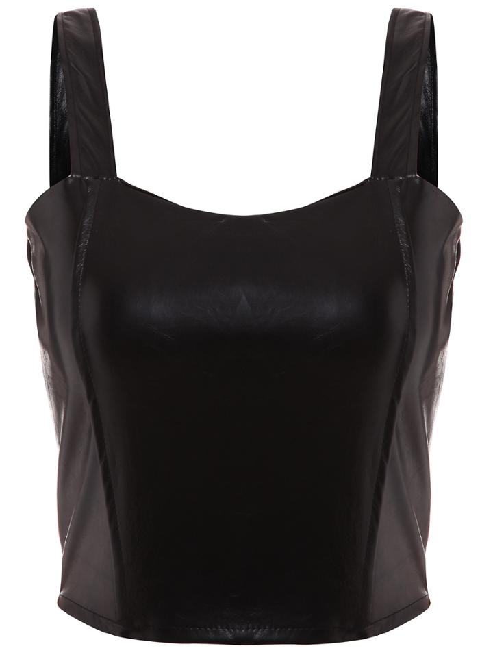 Romwe Faux Leather Zip Back Wide Strap Top