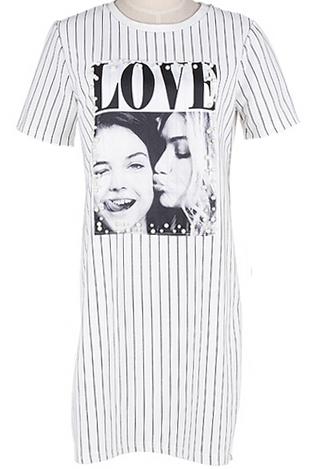 Romwe Vertical Stripe Love Beauty Print White Dress