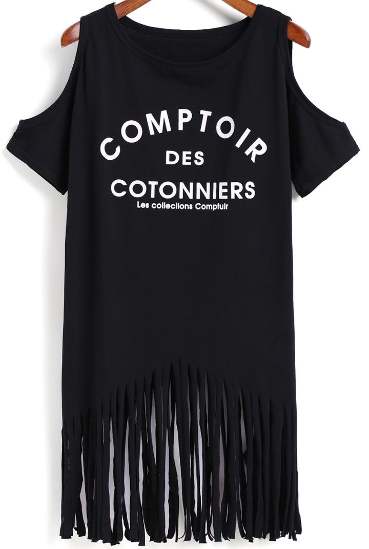 Romwe Black Off The Shoulder Letters Print Tassel T-shirt