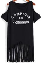 Romwe Black Off The Shoulder Letters Print Tassel T-shirt