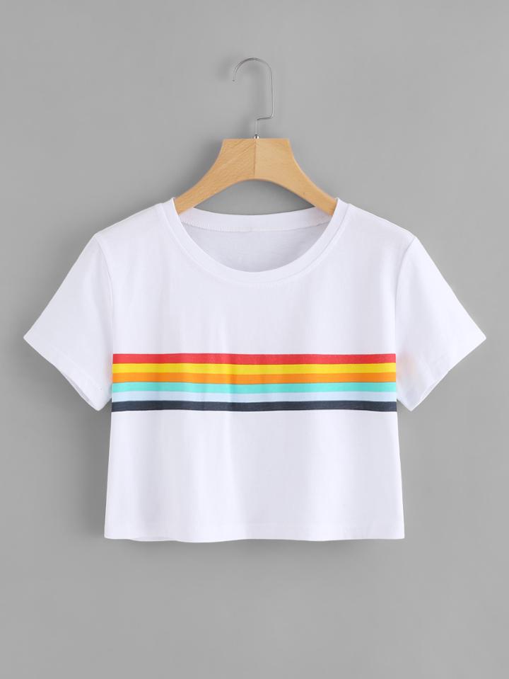 Romwe Colorful Striped Crop Tee