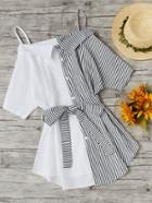 Romwe Contrast Stripe Self Tie Waist Shirt Dress