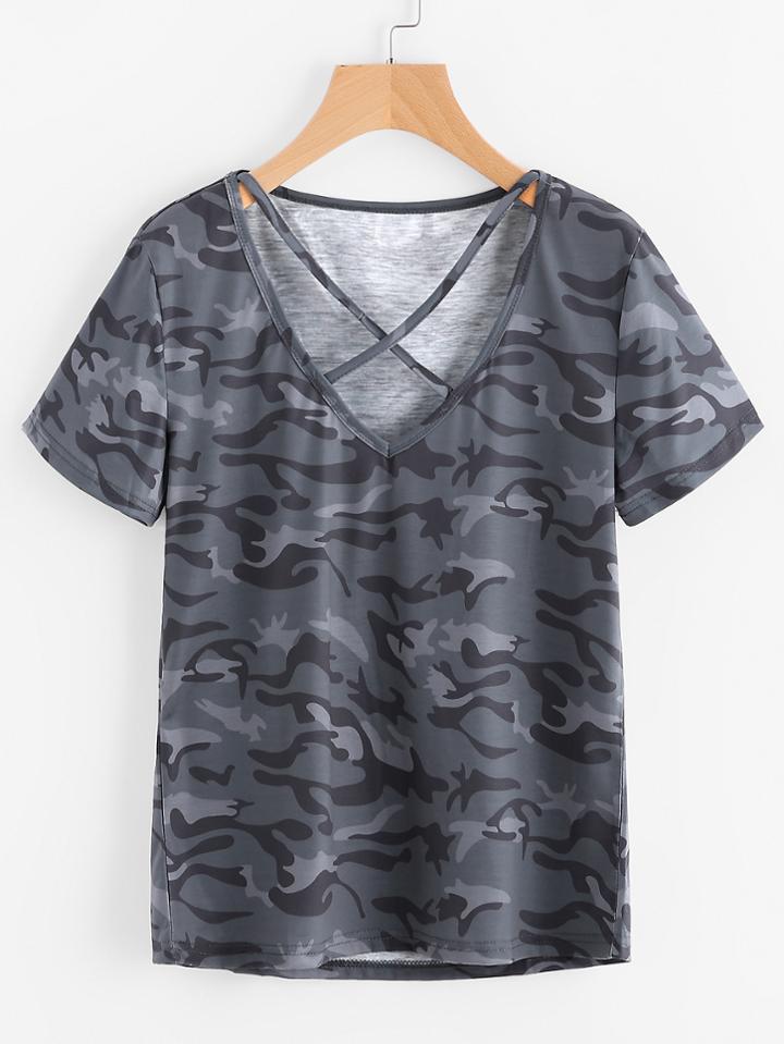 Romwe Crisscross V-neckline Camo Print Tee