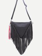 Romwe Black Pu Tassel Fringe Zip Closure Crossbody Bag