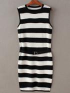 Romwe Black And White Stripe Split Dress With Belt