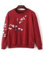 Romwe Burgundy Flower Embroidery Drop Shoulder Sweatshirt