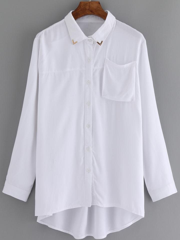 Romwe Lapel High Low Pocket White Blouse