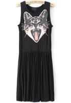 Romwe Black Sleeveless Cat Print Pleated Dress