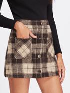 Romwe Dual Pocket Single Breasted Checked Skirt