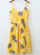 Romwe Yellow Spaghetti Strap Floral Pleated Dress