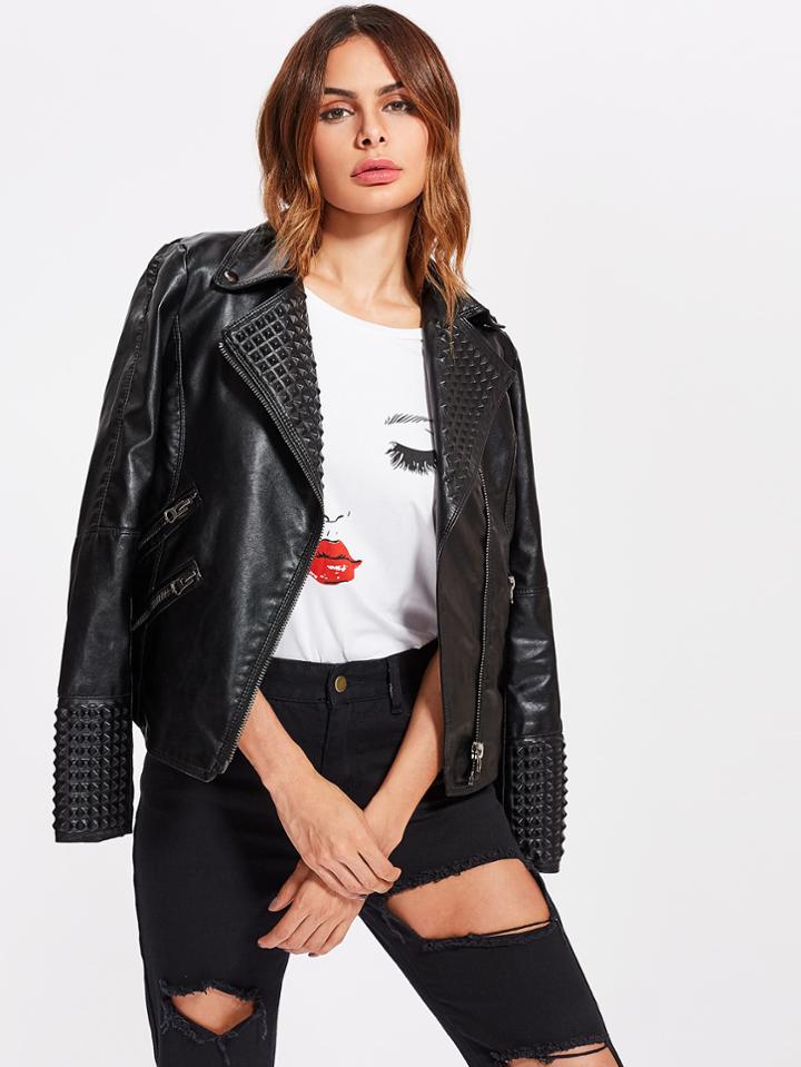 Romwe Zipper Sleeve Rivet Detail Moto Jacket