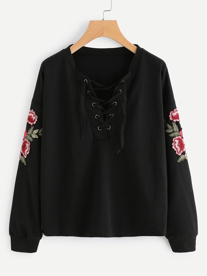 Romwe V-neckline Lace Up Embroidered Appliques Pullover