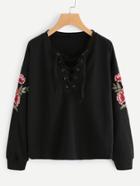 Romwe V-neckline Lace Up Embroidered Appliques Pullover
