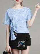 Romwe Blue White Striped Top With Applique Pouf Shorts