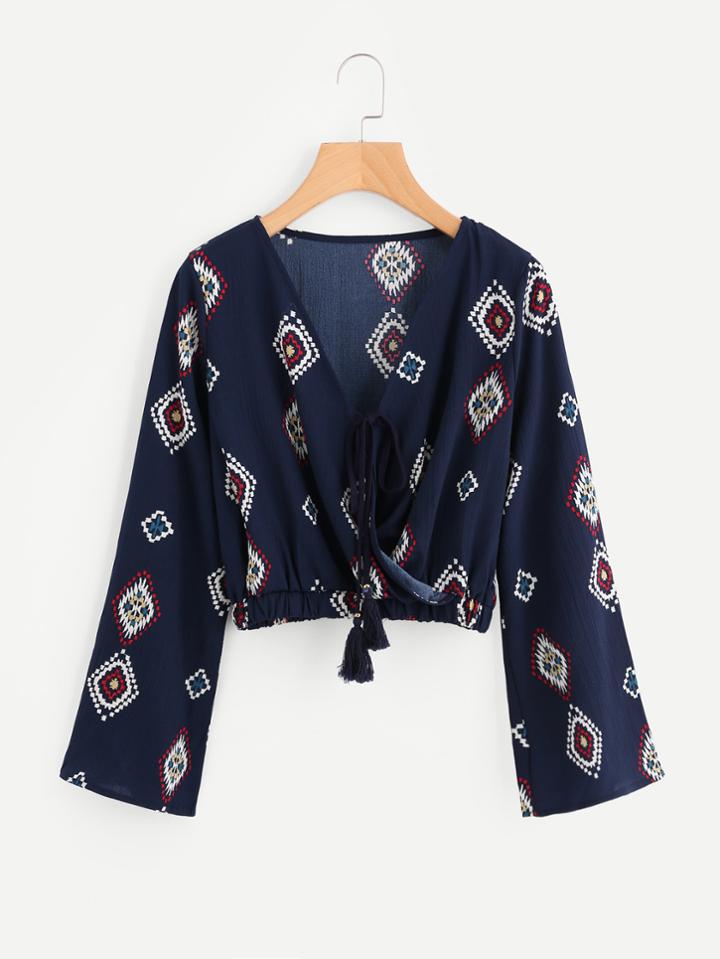 Romwe Geometry Print Elastic Hem Self Tie Top