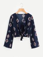 Romwe Geometry Print Elastic Hem Self Tie Top
