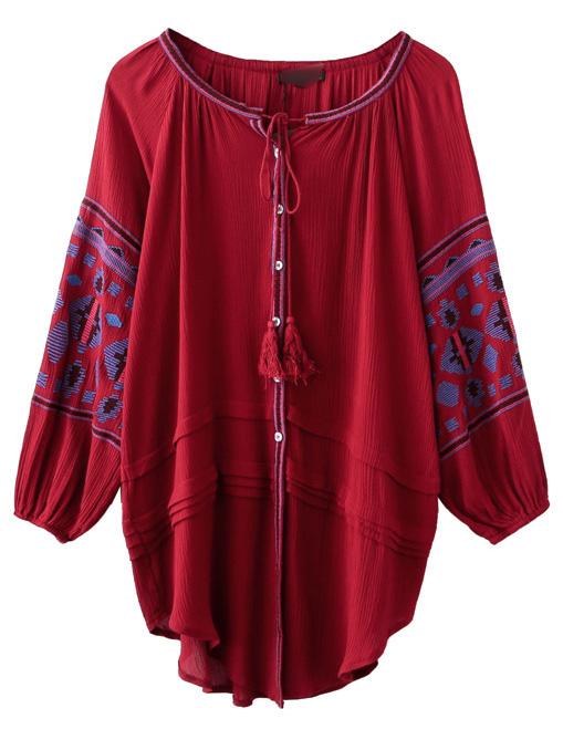 Romwe Red Embroidery Self Tie Tassel Buttons Asymmetric Dress