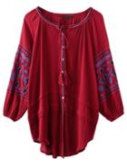 Romwe Red Embroidery Self Tie Tassel Buttons Asymmetric Dress
