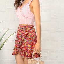 Romwe Ruffle Detail Ditsy Floral Wrap Skirt