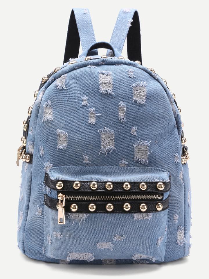 Romwe Beaded Trim Distressed Denim Backpack