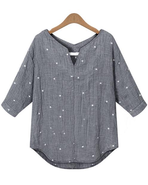 Romwe V Neck Stars Print Grey Top