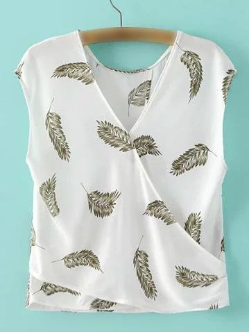 Romwe White Cross V Neck Feather Print Blouse
